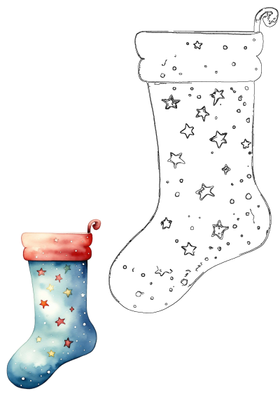A vibrant red and blue Christmas stocking decorated with colorful stars and snow dots, paired with a line art outline for a fun festive activity.