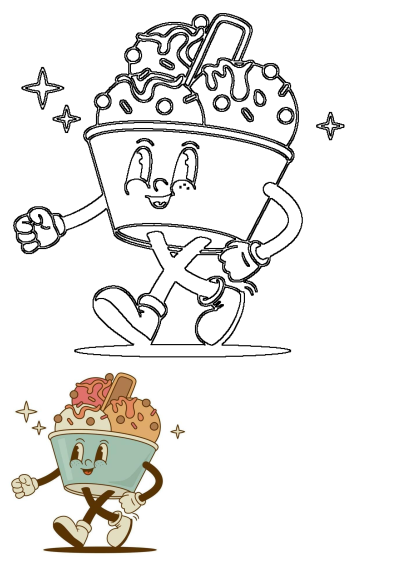 Cartoon image of a happy ice cream sundae character running and smiling. A fun and sweet illustration of a vintage-style mascot.