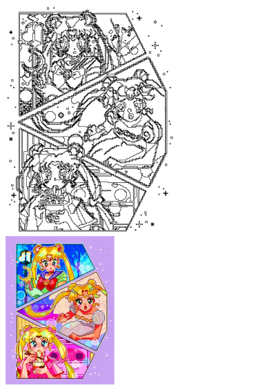 Sailor Moon pixel art in three panels. The princesses are playing video games and look like they're going to die in their screenshots.