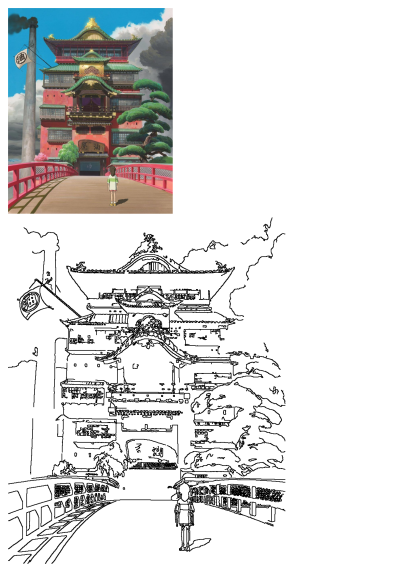 Chihiro standing on a red bridge leading to the ornate bathhouse from Spirited Away. Classic anime scene.