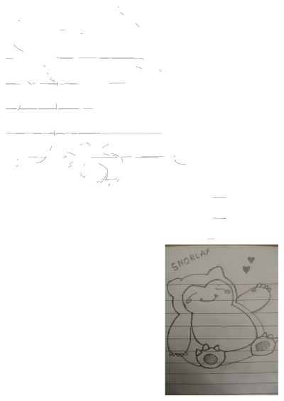 Hand-drawn Snorlax with hearts on lined paper. Alt: A drawing of a penguin on lined paper with the words snorlax written above it.