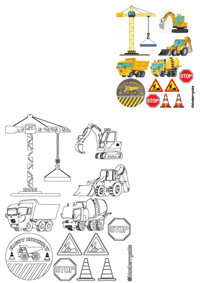 Cartoon construction vehicles and stop signs on a white background, featuring crane, excavator, dumper and cement mixer on white background.