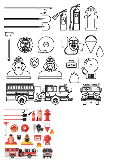 Fire department icons and symbols illustration including fire trucks, hydrants, and firefighters. Miscellaneous illustrations of fire safety equipment.