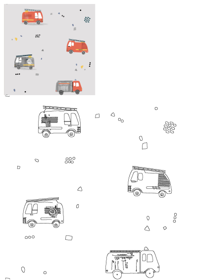 An image of various illustrated fire trucks on a gray background suitable for wallpaper. Fun design for a kid's room or nursery.