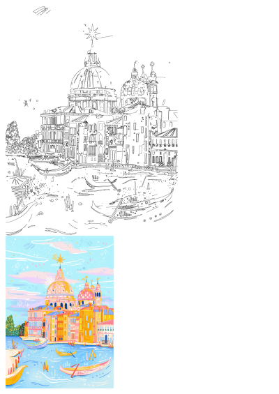 Painting of boats on the water and buildings on the other side of the water in Venice, Italy, with a whimsical, colorful, and stylized art style.