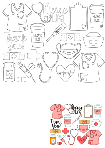A 'Thank You' nurse appreciation image including scrubs, stethoscope, thermometer, clipboard, pills, and 'Nurse Fuel'. 