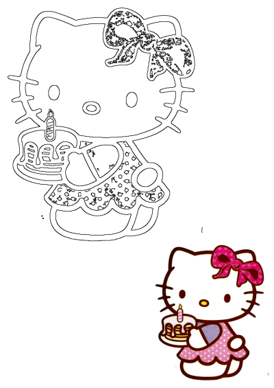 Hello Kitty is celebrating with a birthday cake. The cute cartoon kitty has a pink bow and a polka dot dress.