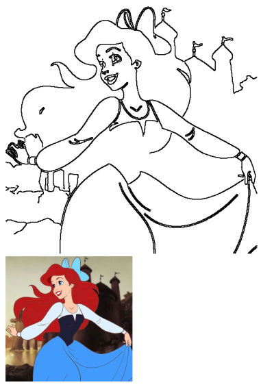 Ariel from The Little Mermaid, depicted in a blue dress with a blue bow in her red hair, against a background showing a castle. 