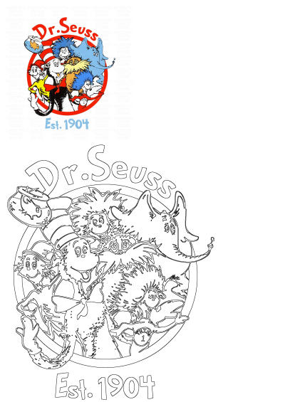 The Dr. Seuss logo is shown in red and blue, featuring many beloved characters from the iconic books like Cat in the hat and others.