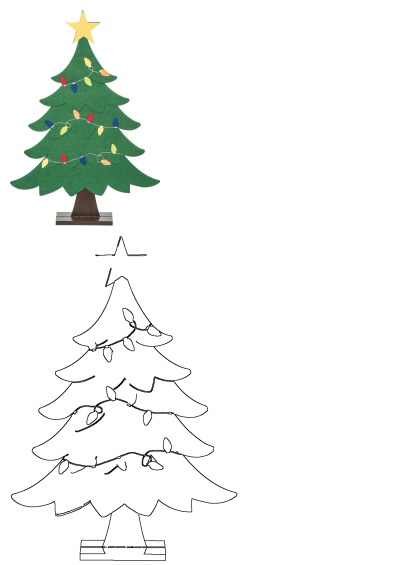 a cardboard christmas tree with lights on it and a star hanging from the top, in front of a white background