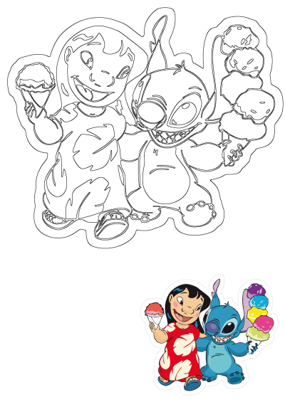 Cartoon of Lilo with a small ice cream and Stitch holding a large, colorful ice cream. No balloons, but a sweet illustration.