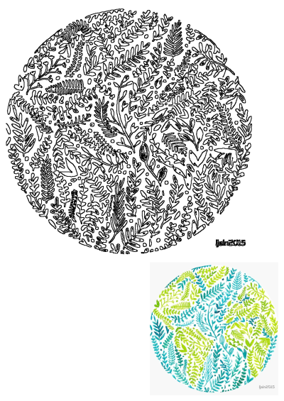 A detailed image of a blue and green circle filled with various leaf illustrations. Watercolor art provides a soft, organic feel.