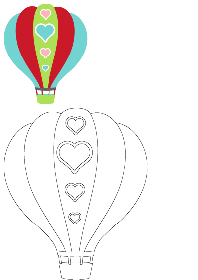 A vector illustration of a colorful hot air balloon with hearts on it, perfect for Valentine's Day or any love-themed project.