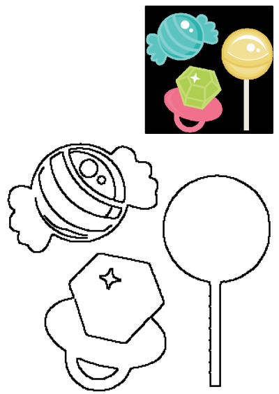 A delightful assortment of colorful candy lollipops and other candies on a sticker sheet, perfect for adding sweetness to any design.