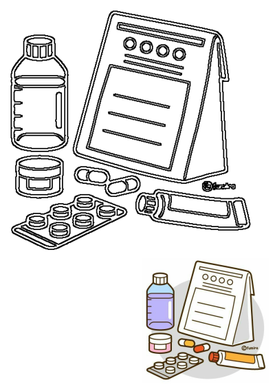 Cartoon image of medication: pills, liquid medicine, ointment, and a prescription pad. Healthcare concept in a simple graphic illustration.