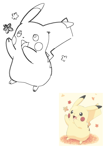 Cartoon Pikachu sitting happily. Not on the ground. Pikachu has its arms up, but its eyes are open in the image. A charming pokemon illustration.