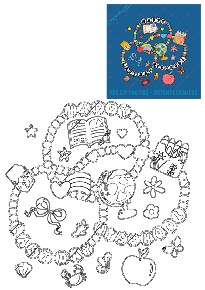 Happy Last Day of School. The words 'Happy Last Day Of School' are surrounded by school items and an apple on a blue background.