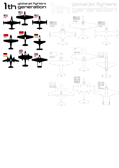Poster showing the world's first jet fighters, including the P-80, P-59, F-84, Mig-9, Yak-15, He 162, Me 262, Gloster Meteor and DH Vampire.