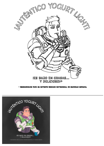 Cartoon Buzz Lightyear eating Authentic Yogurt Light. Image shows the character holding a yogurt, with the caption "low fat and delicious".