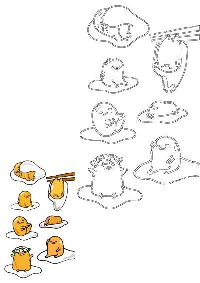 An image of Gudetama the lazy egg, depicted as cartoon characters in various poses, with one hanging from chopsticks. 
