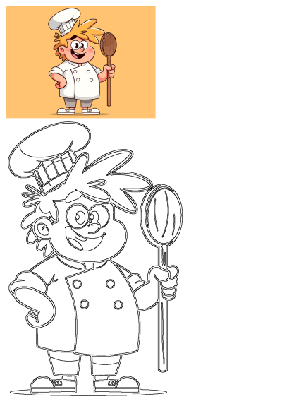 Cartoon character of a smiling chef boy with blond hair holding a wooden spoon and wearing a chef's hat on an orange background.