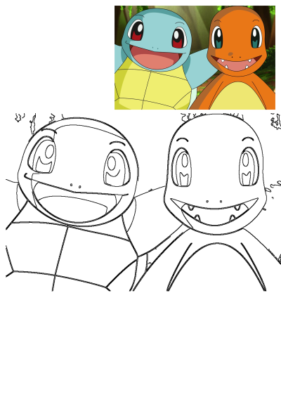 Squirtle and Charmander, two popular Pokemon characters, are standing side-by-side. They are in front of trees and bushes and one smiles for the camera.