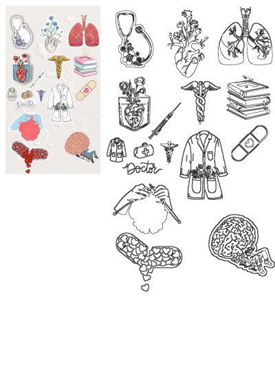 Various medical stickers on a white background including a heart, lungs, stethoscope, brain, bandaid, medical coat and a lot more stickers.