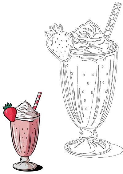 A delicious strawberry milkshake topped with whipped cream and a red-and-white striped straw, garnished with a fresh strawberry.