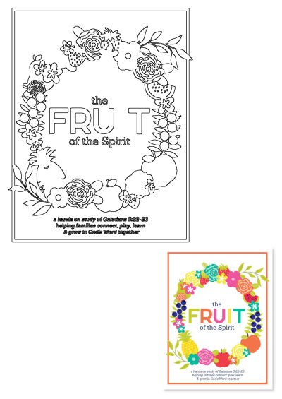 Fruit of the Spirit poster with an orange frame and colorful floral wreath. Decorative Christian art for home or Sunday school.