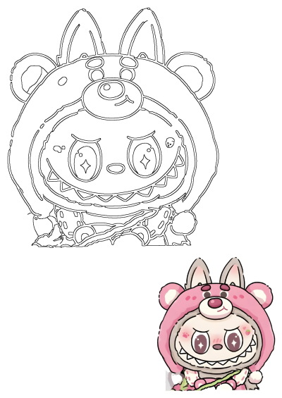 Adorable cartoon character with a pink bear hoodie featuring bunny ears, sparkly eyes, and a mischievous grin. Whimsical and playful.