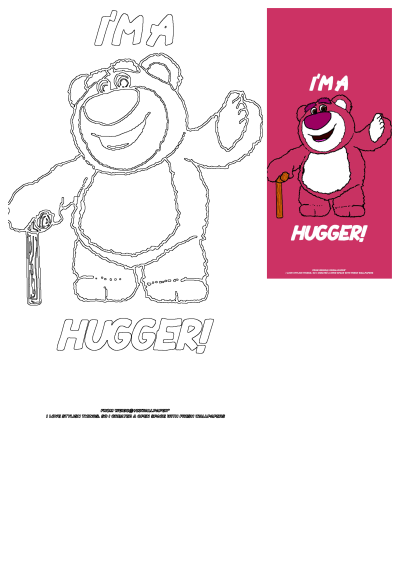 Cartoon image of Lotso Huggin Bear holding a stick with 'I'm a hugger' written. This cute character is ready for a cuddly day.