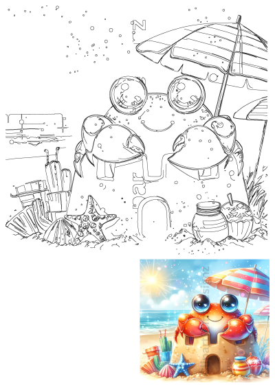 Cartoon image of a cute crab with big eyes happily sitting behind a sandcastle on a sunny beach with seashells and a striped umbrella.