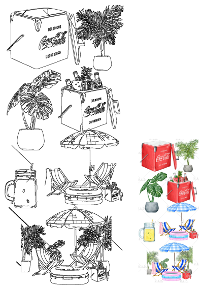 Watercolor painting featuring beach scene with umbrellas, beach chairs, inflatable pool,plants, and Coca-Cola cooler. Alt: watercolor painting of different types of umbrellas and plants.