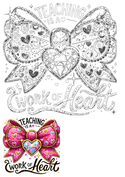 Teaching is a work of heart, illustrated with a pink bow adorned with hearts and sparkles. Image expresses love for teaching.
