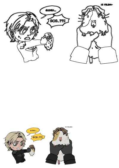 Ozzy's fanart pin of Yelena Belova from Marvel's Thunderbolts looking at guinea pigs. One guinea pig says 'Hi Yelena~'.