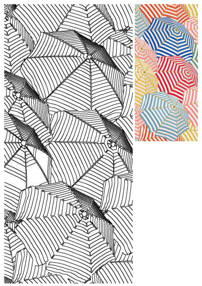 Image of many colorful, striped umbrellas arranged in a pattern. They appear folded, creating a fun and vibrant design.