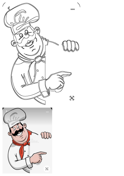 Cartoon chef with a mustache and chef's hat pointing at a sign. 230da