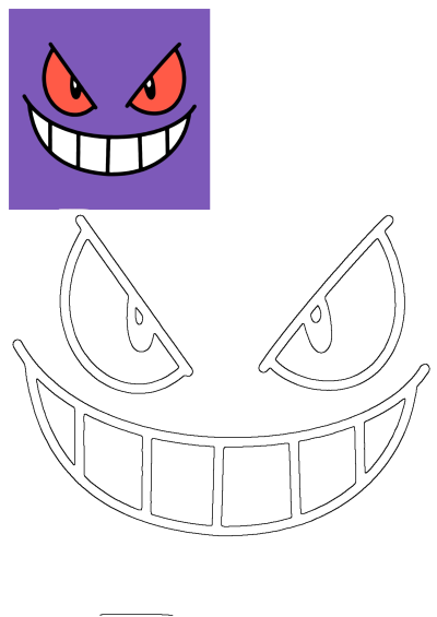Cartoon style evil face with big red eyes and a wide grin on a purple background. A spooky and fun illustration. 