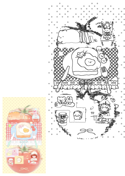 A cute kawaii-style breakfast themed wallpaper, as predicted for 2025. Features smiling toast, tomatoes and other breakfast delights.