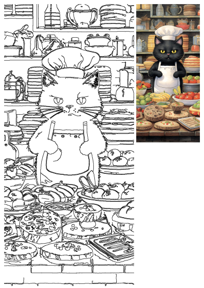 A charming whimsical kitchen scene. A black cat in a chef's hat & apron stands behind a counter with fresh food, ready to cook!