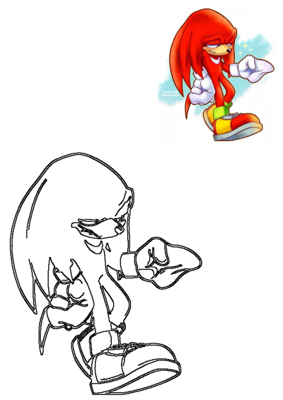 Cartoon image of Knuckles the Echidna pointing. This fan art shows Knuckles with a skeptical expression and points towards something.