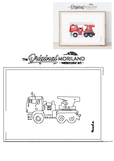 Watercolor art print of a red fire truck displayed in a wooden frame next to a white wall. This vibrant artwork adds a touch of whimsy.