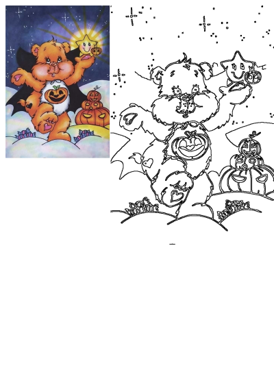 Festive Care Bear dressed for Halloween with a pumpkin on its belly, a star friend holding a pumpkin, and candy treats.