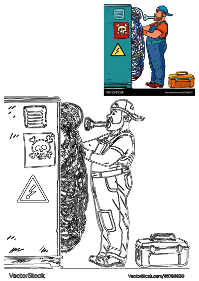An electrician working on a power box with a skull and crossbones sticker. Funny cartoon image. Risky work!