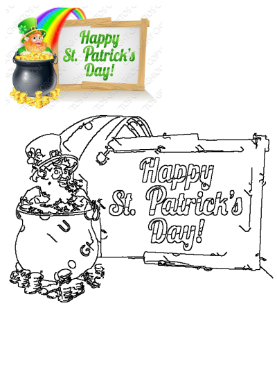 A happy St Patrick's Day sign features a pot of gold coins, a rainbow, and a cheerful leprechaun for a festive holiday image.