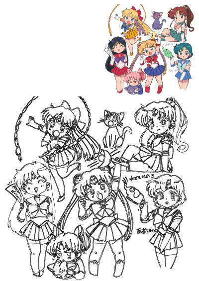 Fan art of Sailor Moon and her friends in a charming chibi style. Image from Twitter 壺 with a variety of poses and expressions. 