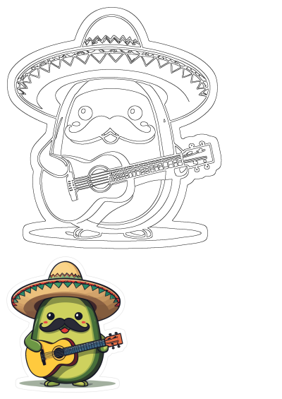 Cartoon avocado character with a mustache, wearing a sombrero, and strumming a guitar. Cute musical fruit cartoon character.