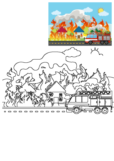 Illustration of a house fire with a fire truck responding. Depicts flames, smoke, houses on fire, and a firetruck on the scene. 