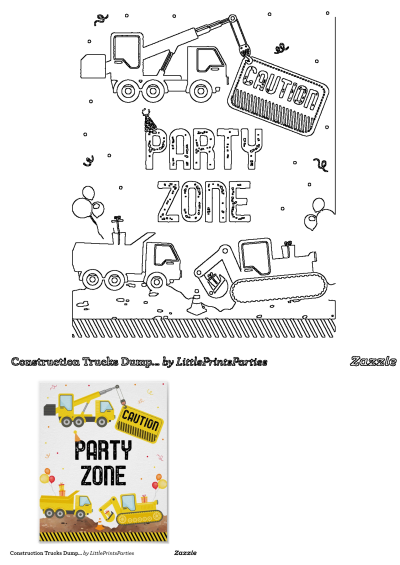 Construction trucks themed birthday card with balloons. Features a 'Caution Party Zone' sign, perfect for a construction-themed birthday!