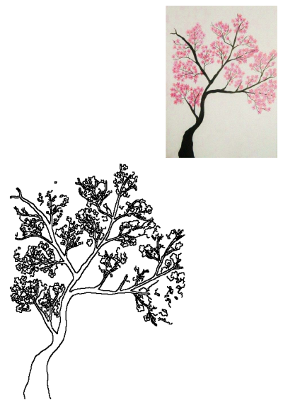 Drawing of a blooming cherry blossom tree with pink flowers. A black trunk rises and supports branches filled with delicate pink blossoms.
